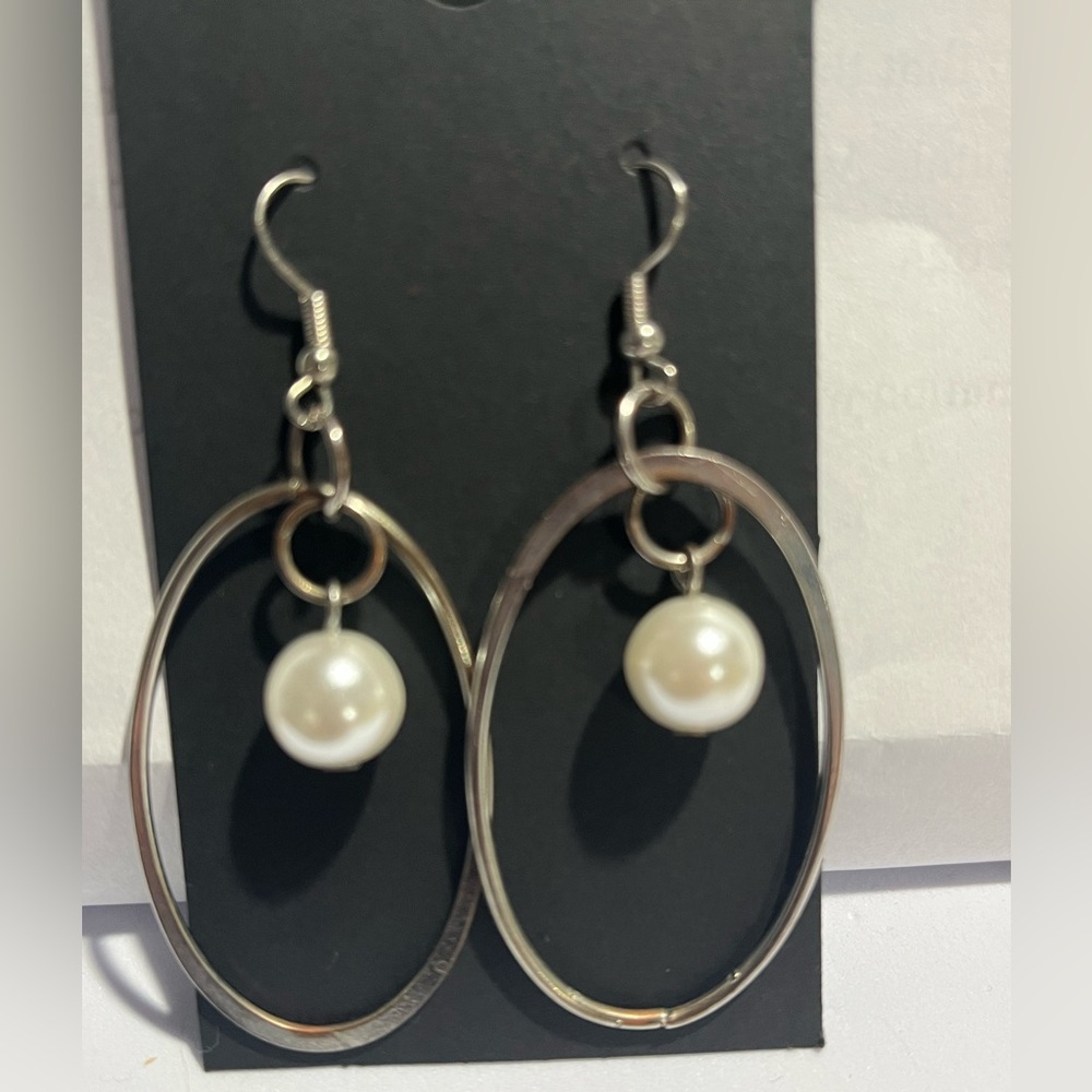 Silver Tone Hoop & Pearl Dangle Earrings